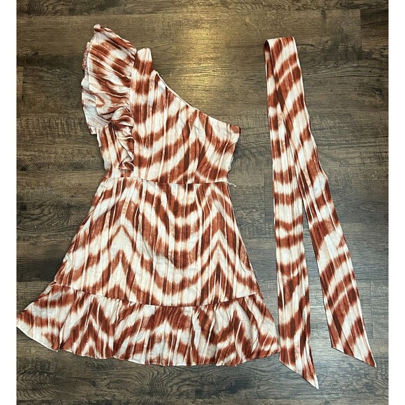Banana Republic One Shoulder Dress Womens Size 4 Multi Linen‎ Ruffle Tie Waist - Picture 8 of 14